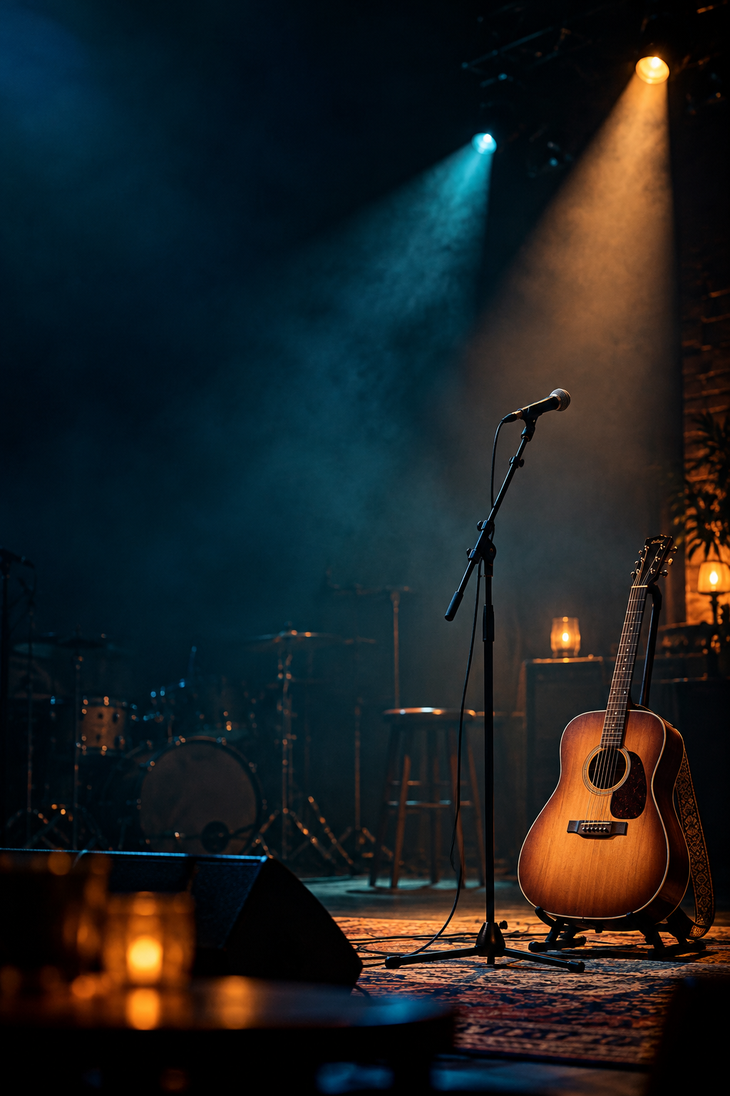 Acoustic guitar and microphone on a stage with teal and amber spotlights